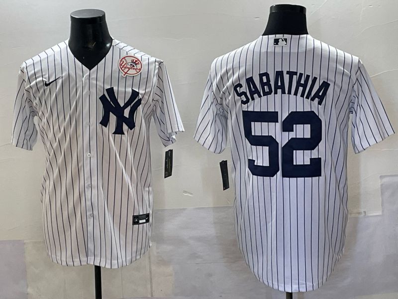 Men New York Yankees #52 Sabathia White Stripe Nike MLB 2025 Jersey 08